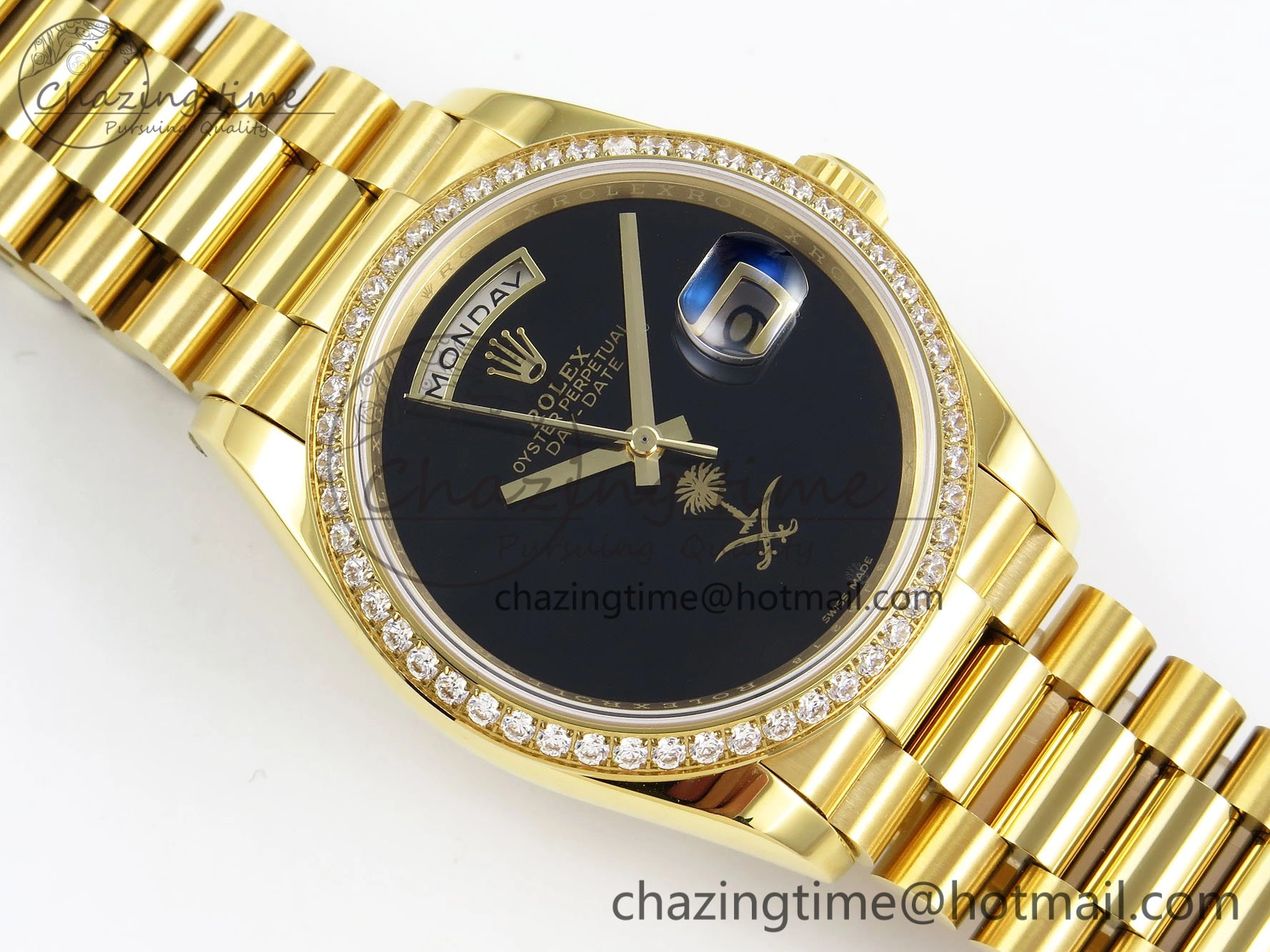Day Date 36 YG RAF 1:1 Best Edition Black Oman Dial Diamonds Bezel on YG Bracelet A2836