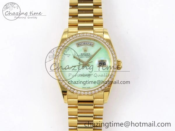 Day Date 36 YG RAF 1:1 Best Edition Green Stone Dial Diamonds Bezel on YG Bracelet A2836