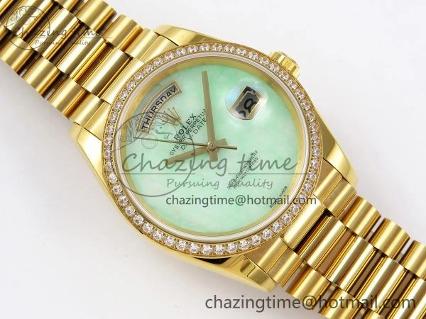 Day Date 36 YG RAF 1:1 Best Edition Green Stone Dial Diamonds Bezel on YG Bracelet A2836