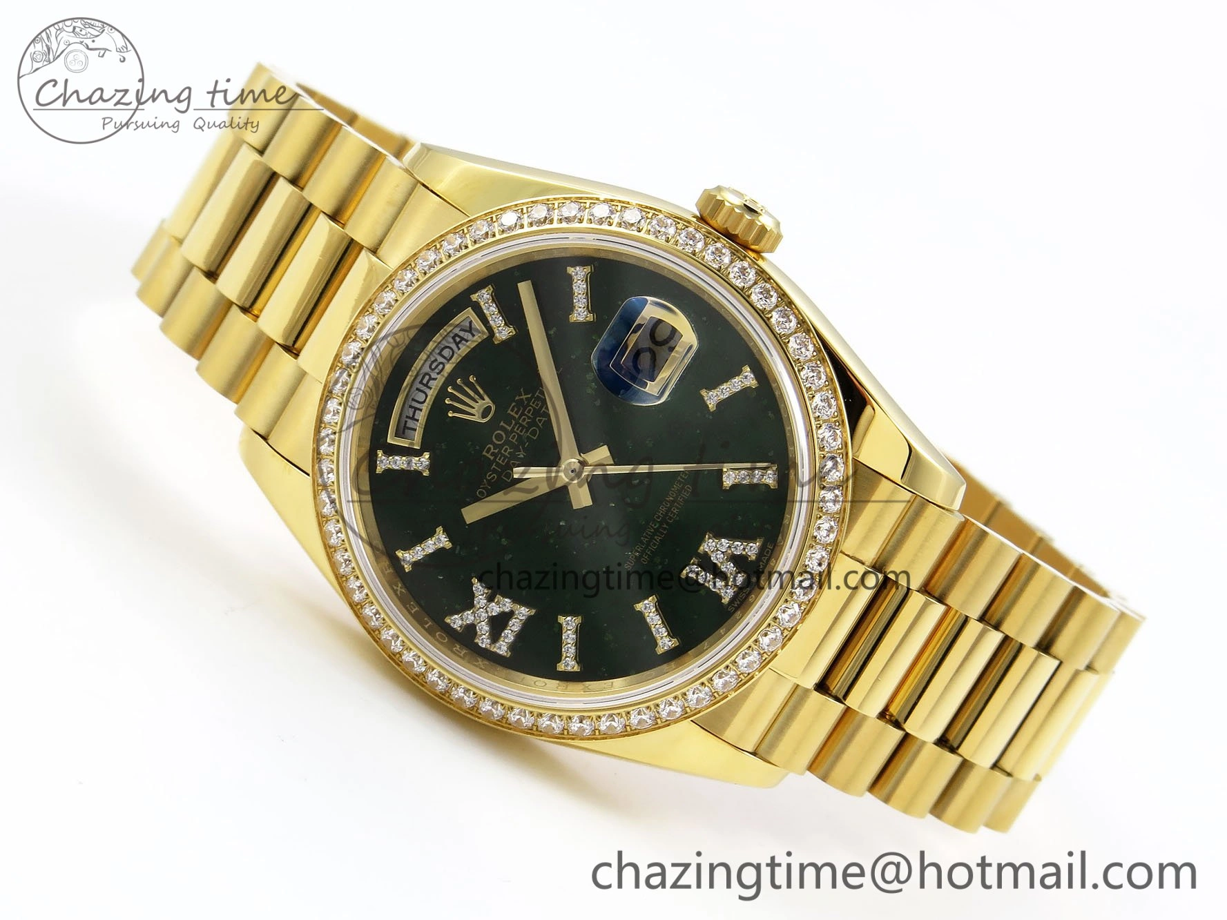 Day Date 36 YG RAF 1:1 Best Edition Green Stone Roman Dial Diamonds Bezel on YG Bracelet A2836
