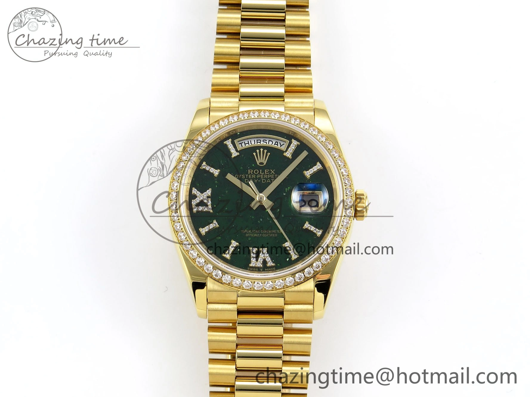 Day Date 36 YG RAF 1:1 Best Edition Green Stone Roman Dial Diamonds Bezel on YG Bracelet A2836