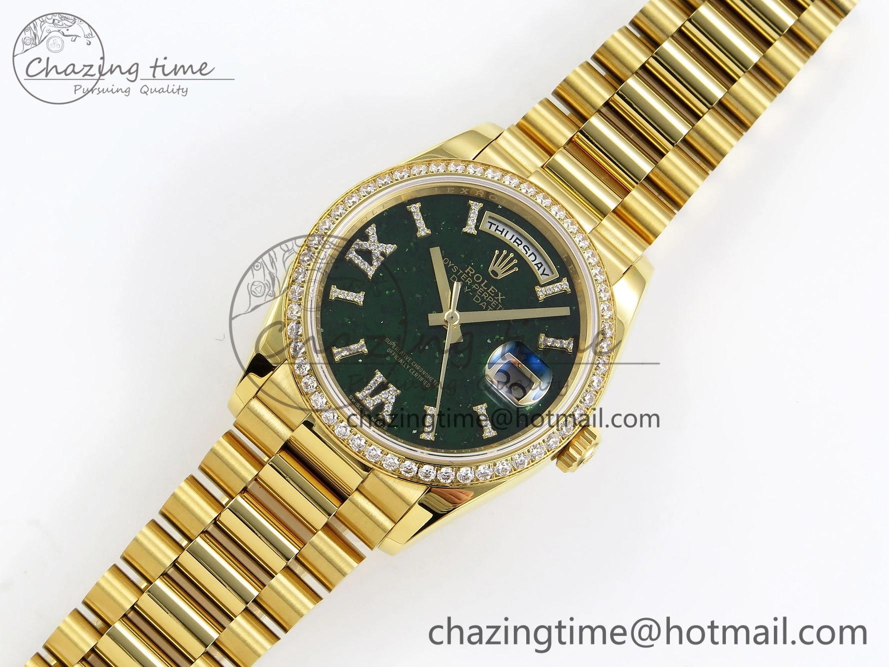 Day Date 36 YG RAF 1:1 Best Edition Green Stone Roman Dial Diamonds Bezel on YG Bracelet A2836