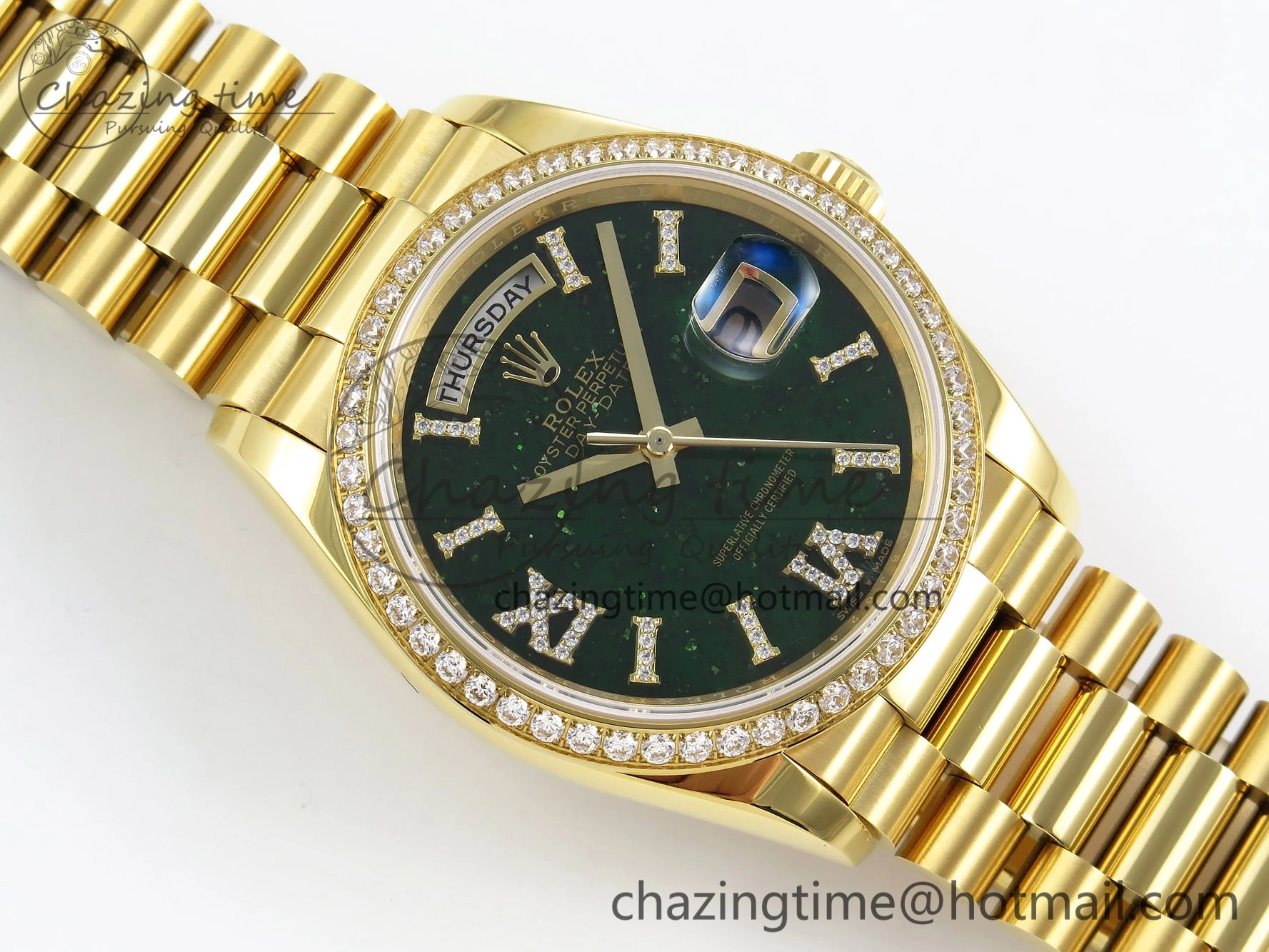 Day Date 36 YG RAF 1:1 Best Edition Green Stone Roman Dial Diamonds Bezel on YG Bracelet A2836