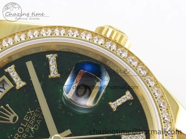 Day Date 36 YG RAF 1:1 Best Edition Green Stone Roman Dial Diamonds Bezel on YG Bracelet A2836