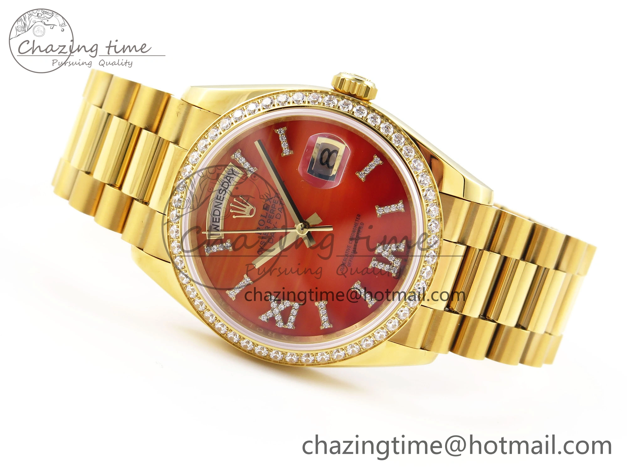 Day Date 36 YG RAF 1:1 Best Edition Red Carnelian Dial Diamonds Bezel on YG Bracelet A2836