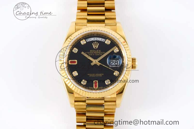Day Date 36 YG RAF Best Edition Black Diamonds on YG Bracelet A2836