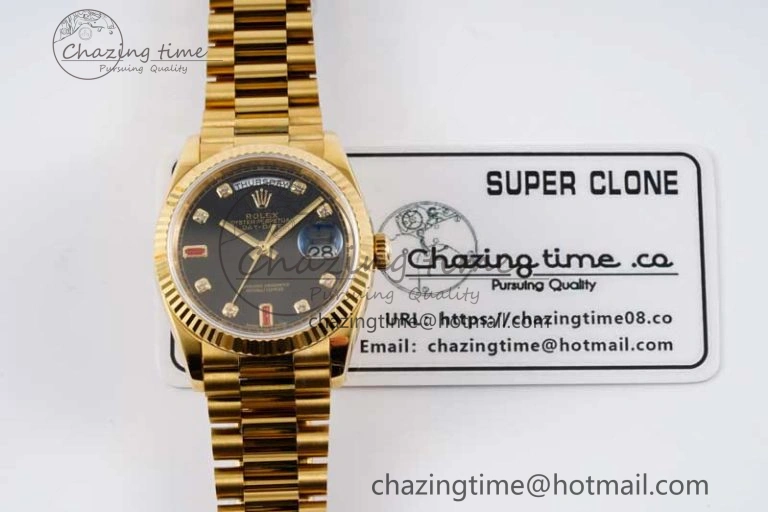 Day Date 36 YG RAF Best Edition Black Diamonds on YG Bracelet A2836