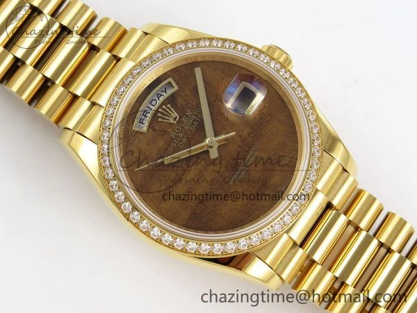 Day Date 36 YG RAF Best Edition Diamond Bezel Brown Wave Dial on YG Bracelet A2836