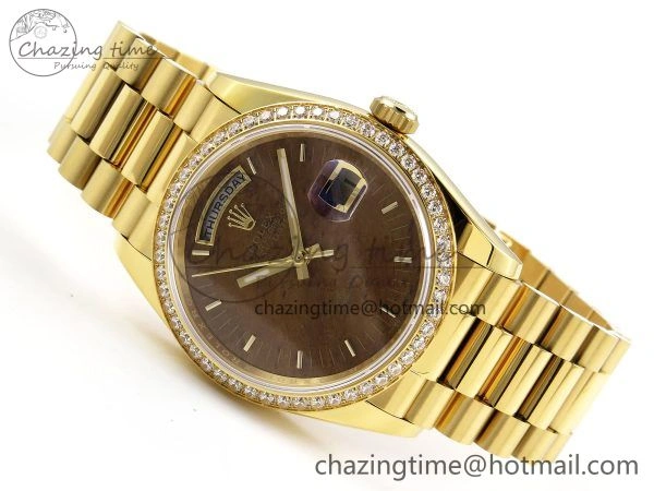 Day Date 36 YG RAF Best Edition Diamond Bezel Brown Wood Dial on YG Bracelet A2836