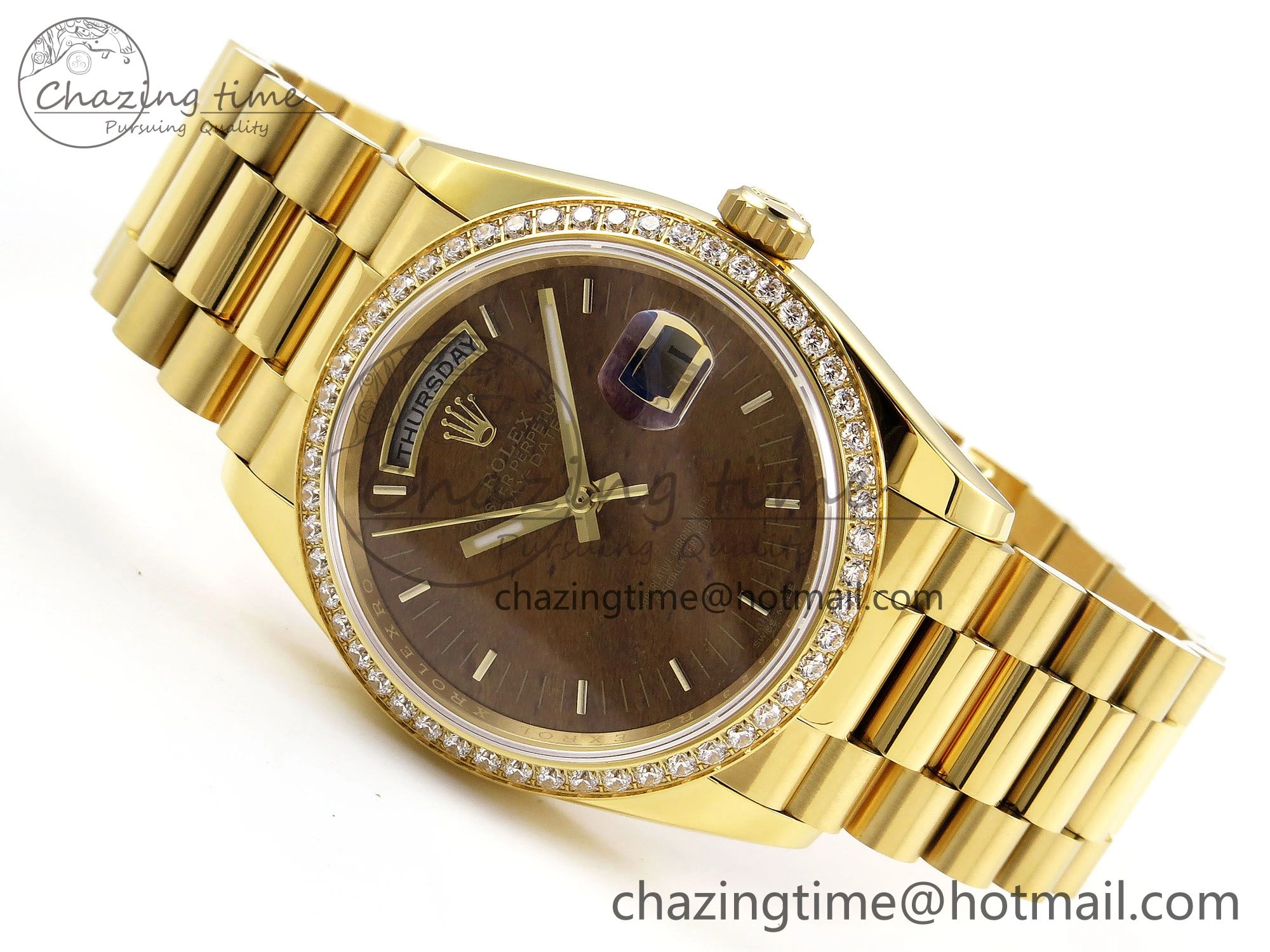 Day Date 36 YG RAF Best Edition Diamond Bezel Brown Wood Dial on YG Bracelet A2836