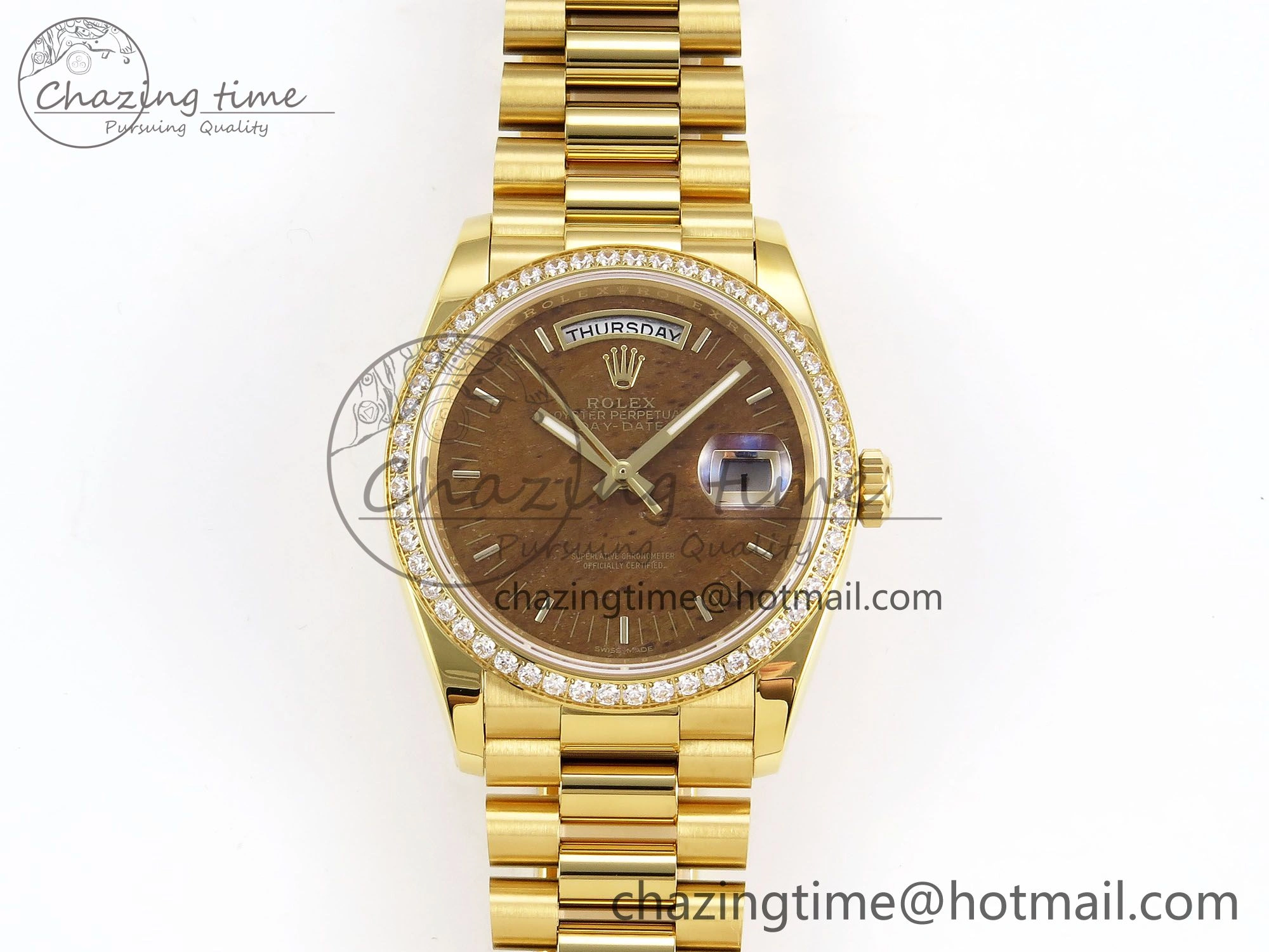 Day Date 36 YG RAF Best Edition Diamond Bezel Brown Wood Dial on YG Bracelet A2836