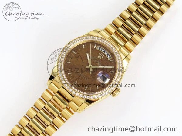 Day Date 36 YG RAF Best Edition Diamond Bezel Brown Wood Dial on YG Bracelet A2836