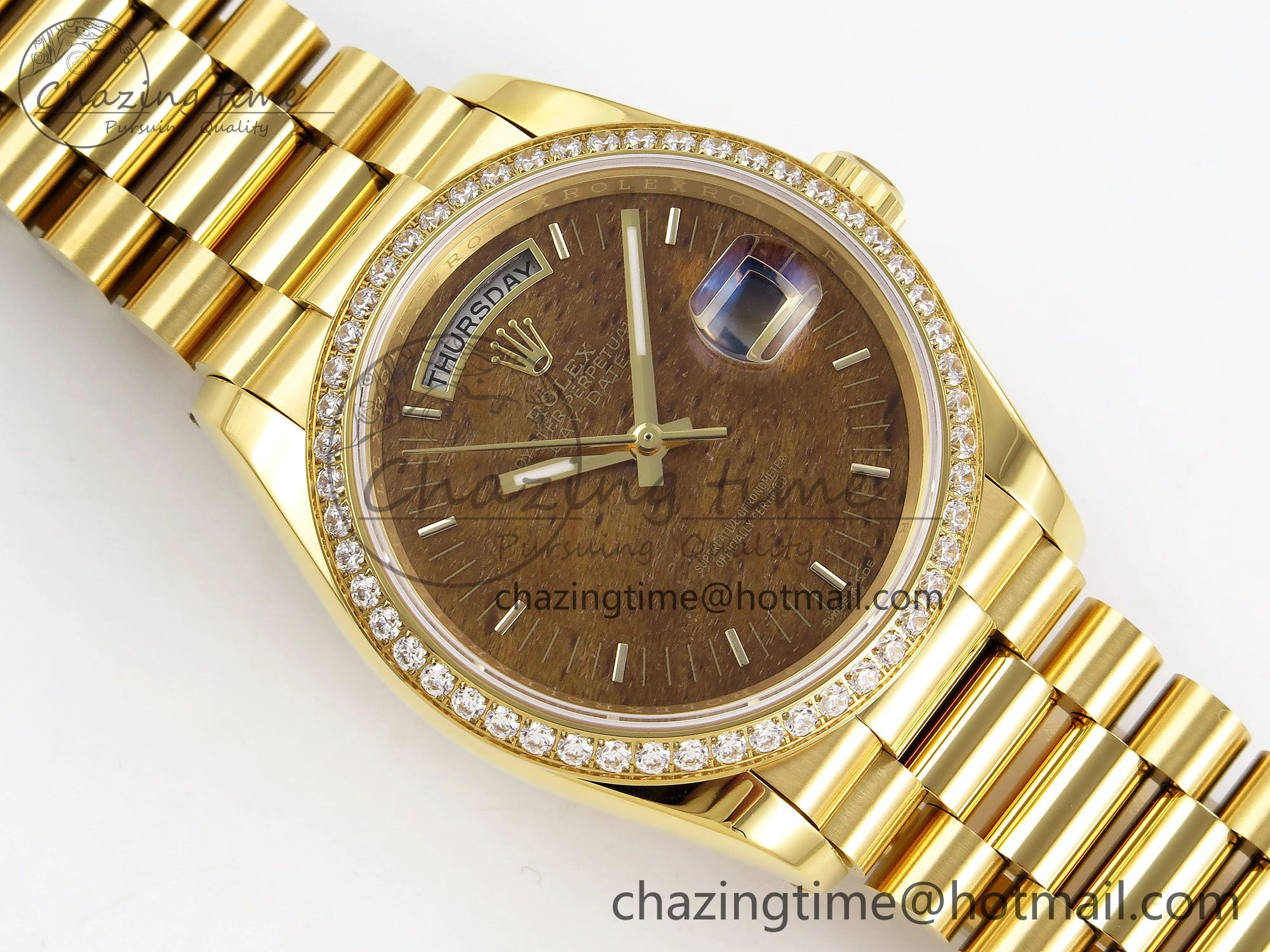 Day Date 36 YG RAF Best Edition Diamond Bezel Brown Wood Dial on YG Bracelet A2836