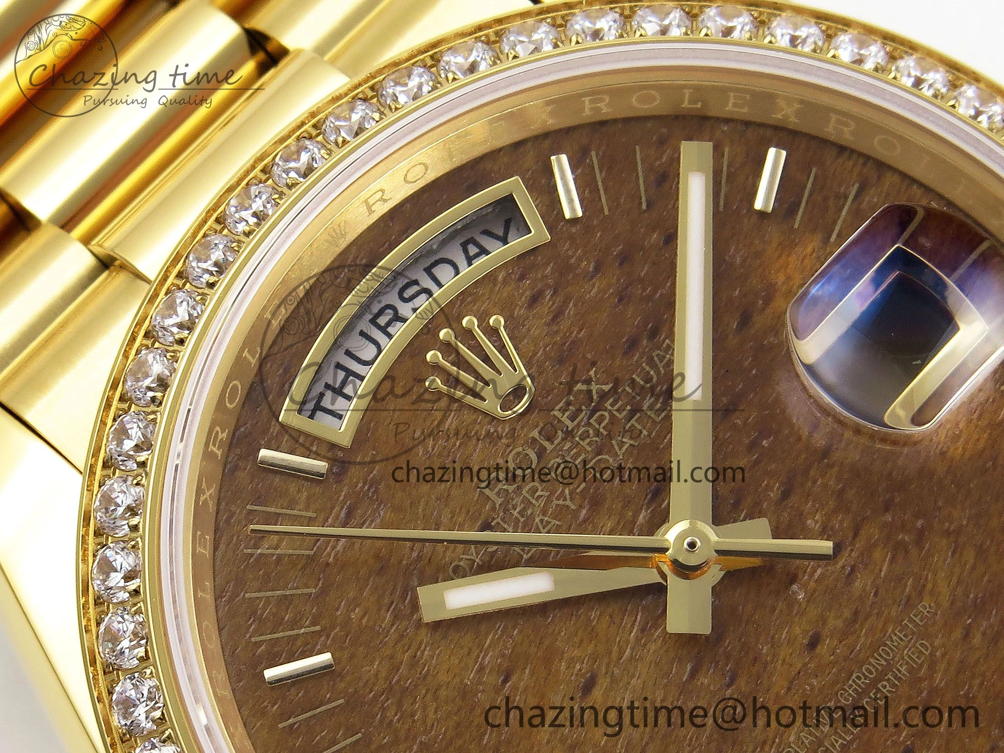 Day Date 36 YG RAF Best Edition Diamond Bezel Brown Wood Dial on YG Bracelet A2836
