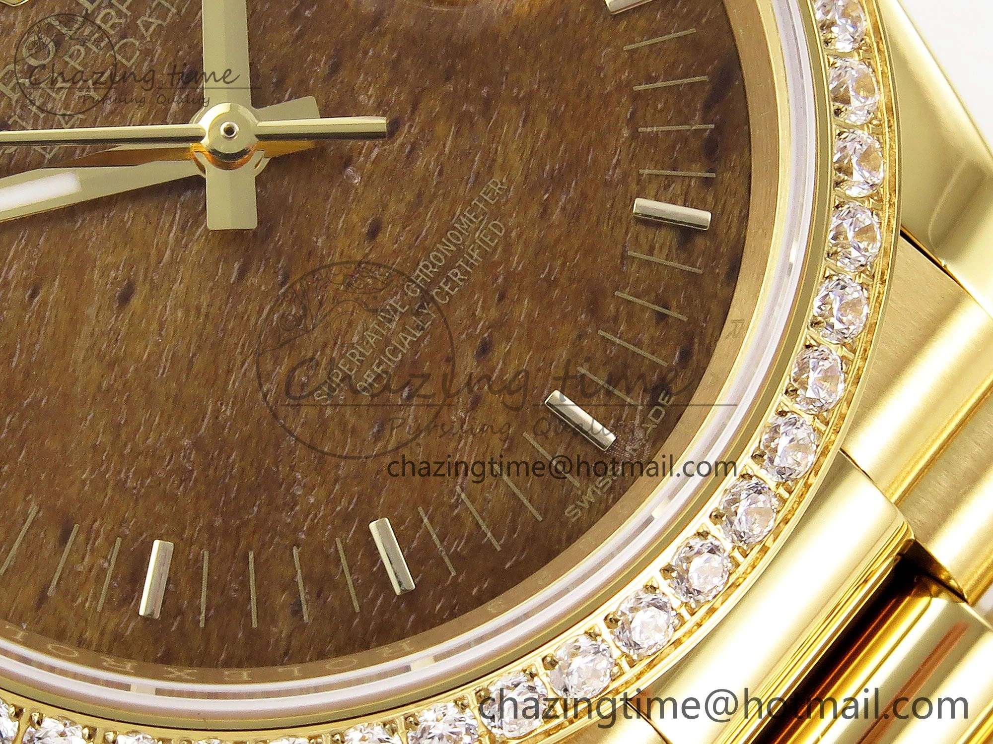 Day Date 36 YG RAF Best Edition Diamond Bezel Brown Wood Dial on YG Bracelet A2836