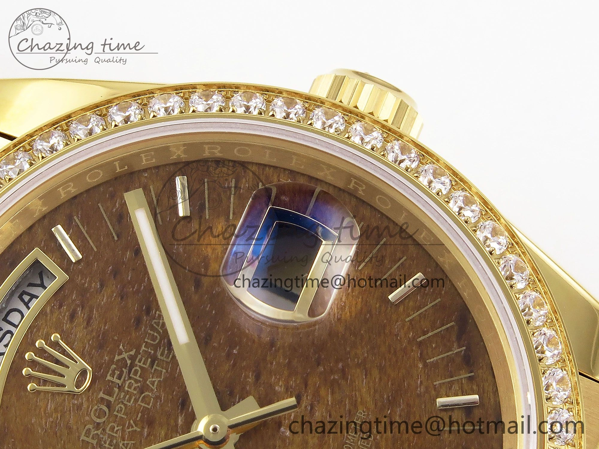 Day Date 36 YG RAF Best Edition Diamond Bezel Brown Wood Dial on YG Bracelet A2836