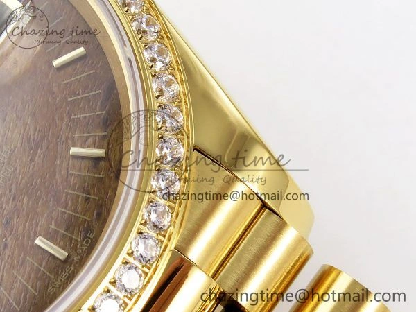 Day Date 36 YG RAF Best Edition Diamond Bezel Brown Wood Dial on YG Bracelet A2836