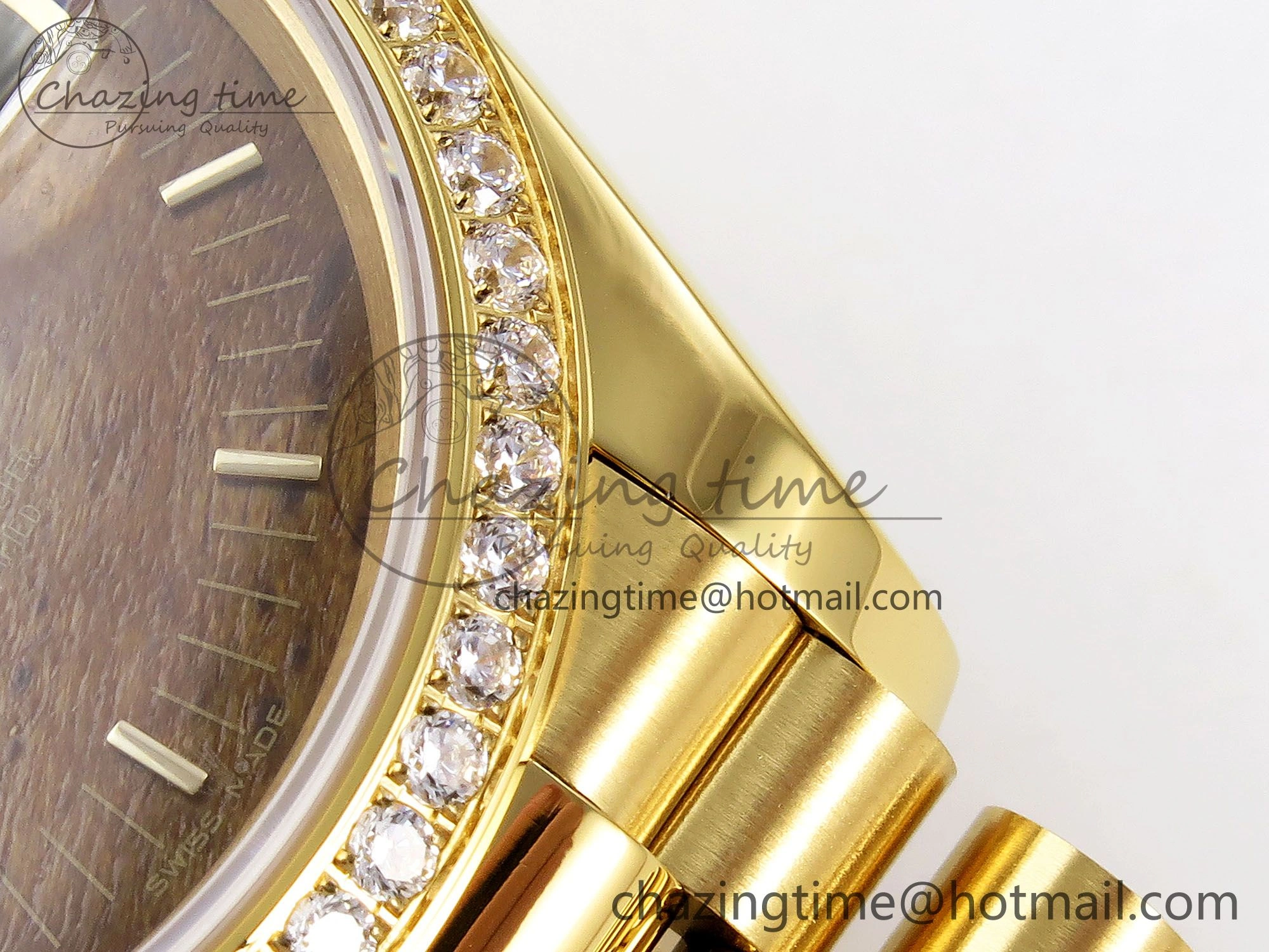 Day Date 36 YG RAF Best Edition Diamond Bezel Brown Wood Dial on YG Bracelet A2836