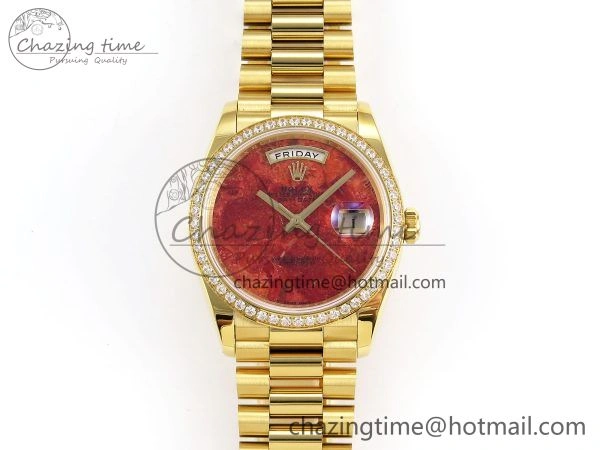 Day Date 36 YG RAF Best Edition Diamond Bezel Rock Dial on YG Bracelet A2836