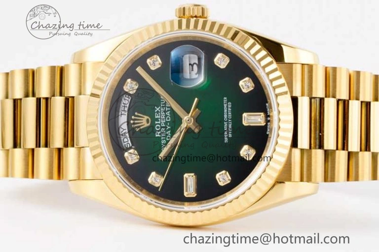 Day Date 36 YG RAF Best Edition Green Black Diamonds Dial on YG Bracelet A2836