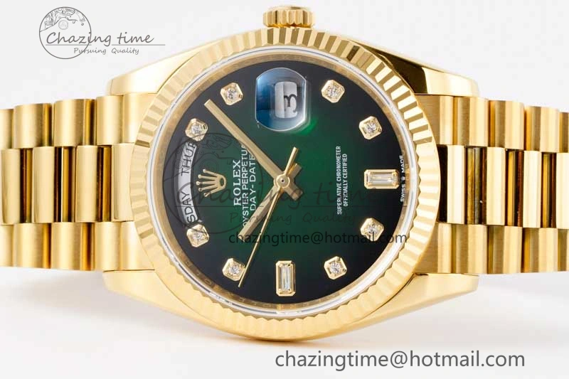 Day Date 36 YG RAF Best Edition Green Black Diamonds Dial on YG Bracelet A2836