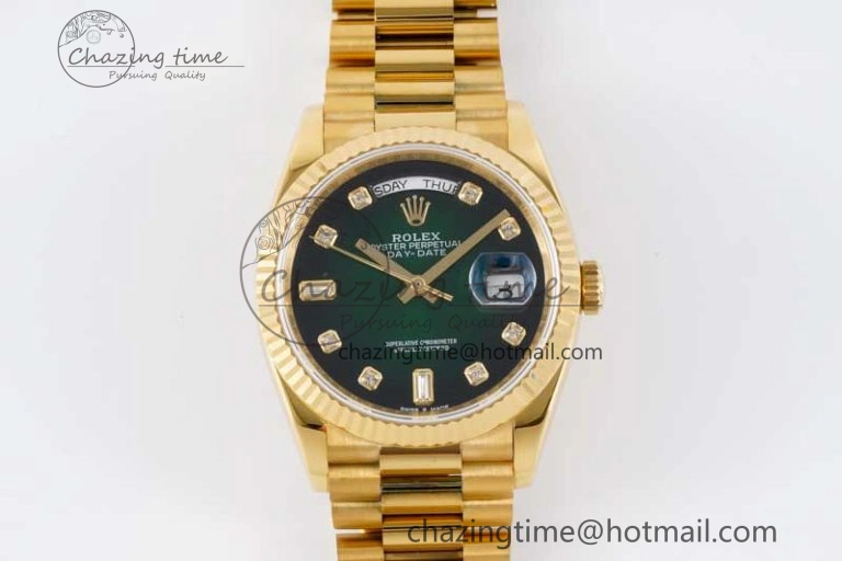 Day Date 36 YG RAF Best Edition Green Black Diamonds Dial on YG Bracelet A2836
