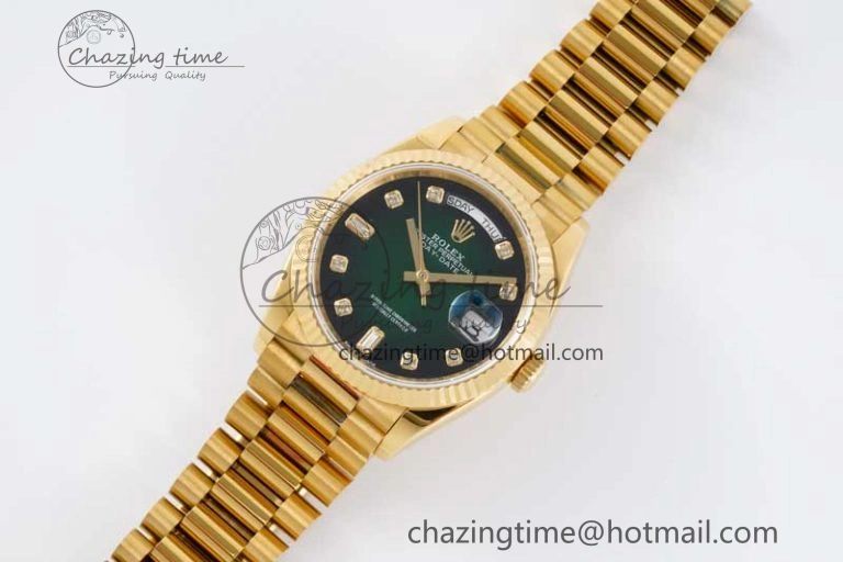 Day Date 36 YG RAF Best Edition Green Black Diamonds Dial on YG Bracelet A2836