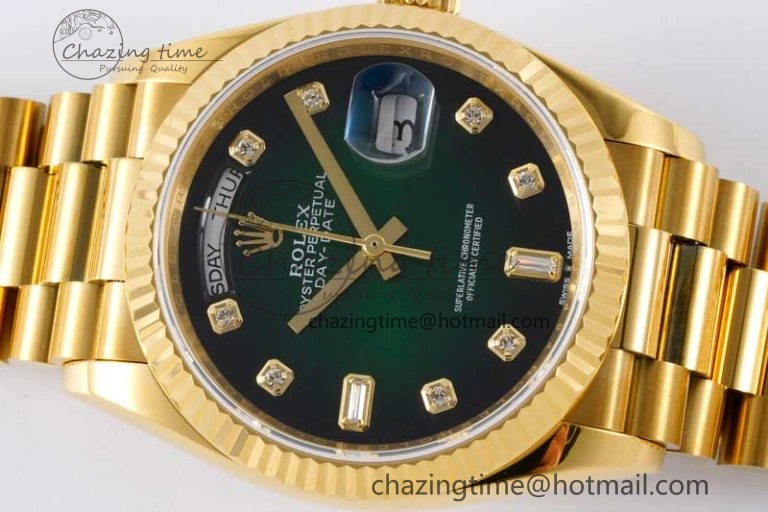 Day Date 36 YG RAF Best Edition Green Black Diamonds Dial on YG Bracelet A2836