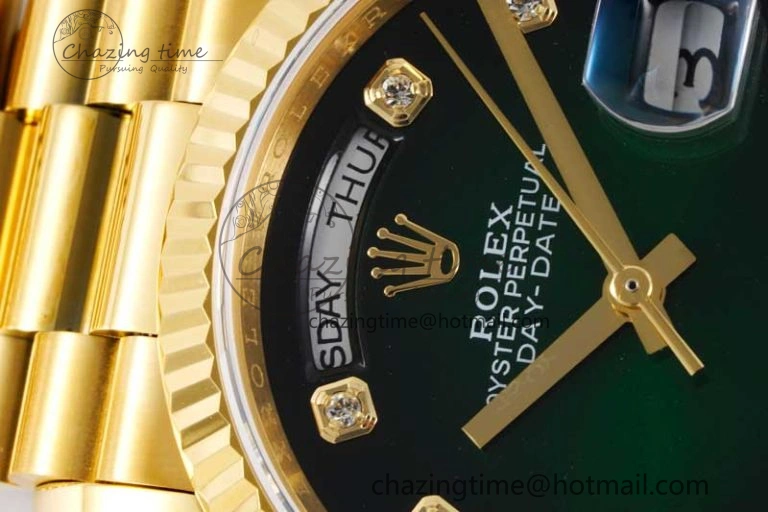Day Date 36 YG RAF Best Edition Green Black Diamonds Dial on YG Bracelet A2836