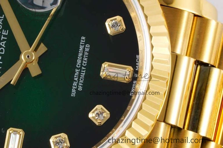 Day Date 36 YG RAF Best Edition Green Black Diamonds Dial on YG Bracelet A2836