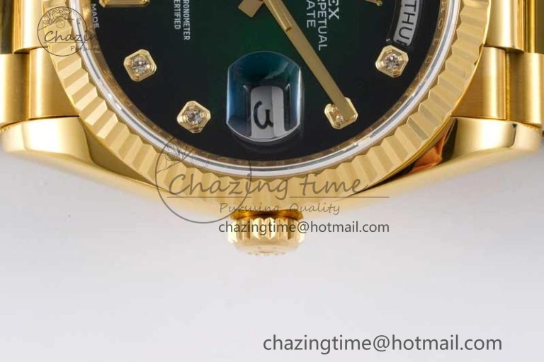 Day Date 36 YG RAF Best Edition Green Black Diamonds Dial on YG Bracelet A2836