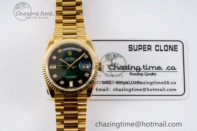 Day Date 36 YG RAF Best Edition Green Black Diamonds Dial on YG Bracelet A2836