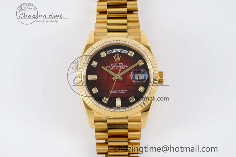 Day Date 36 YG RAF Best Edition Red Black Diamonds on YG Bracelet A2836