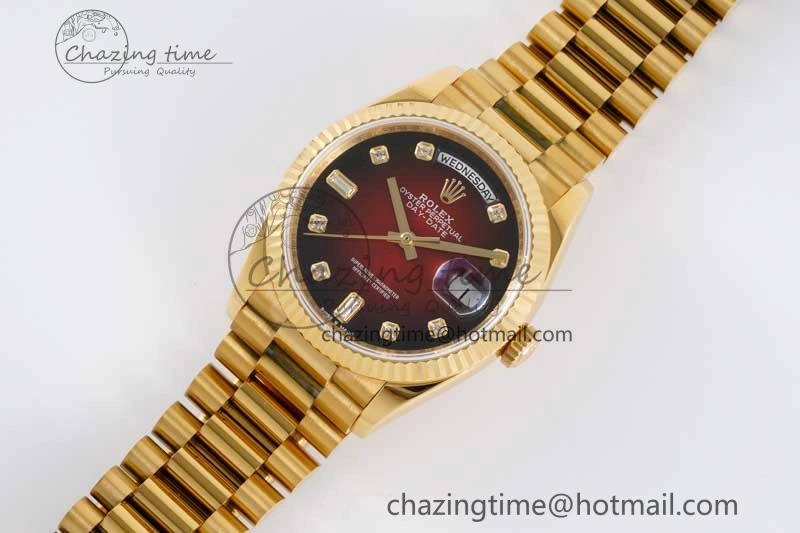 Day Date 36 YG RAF Best Edition Red Black Diamonds on YG Bracelet A2836