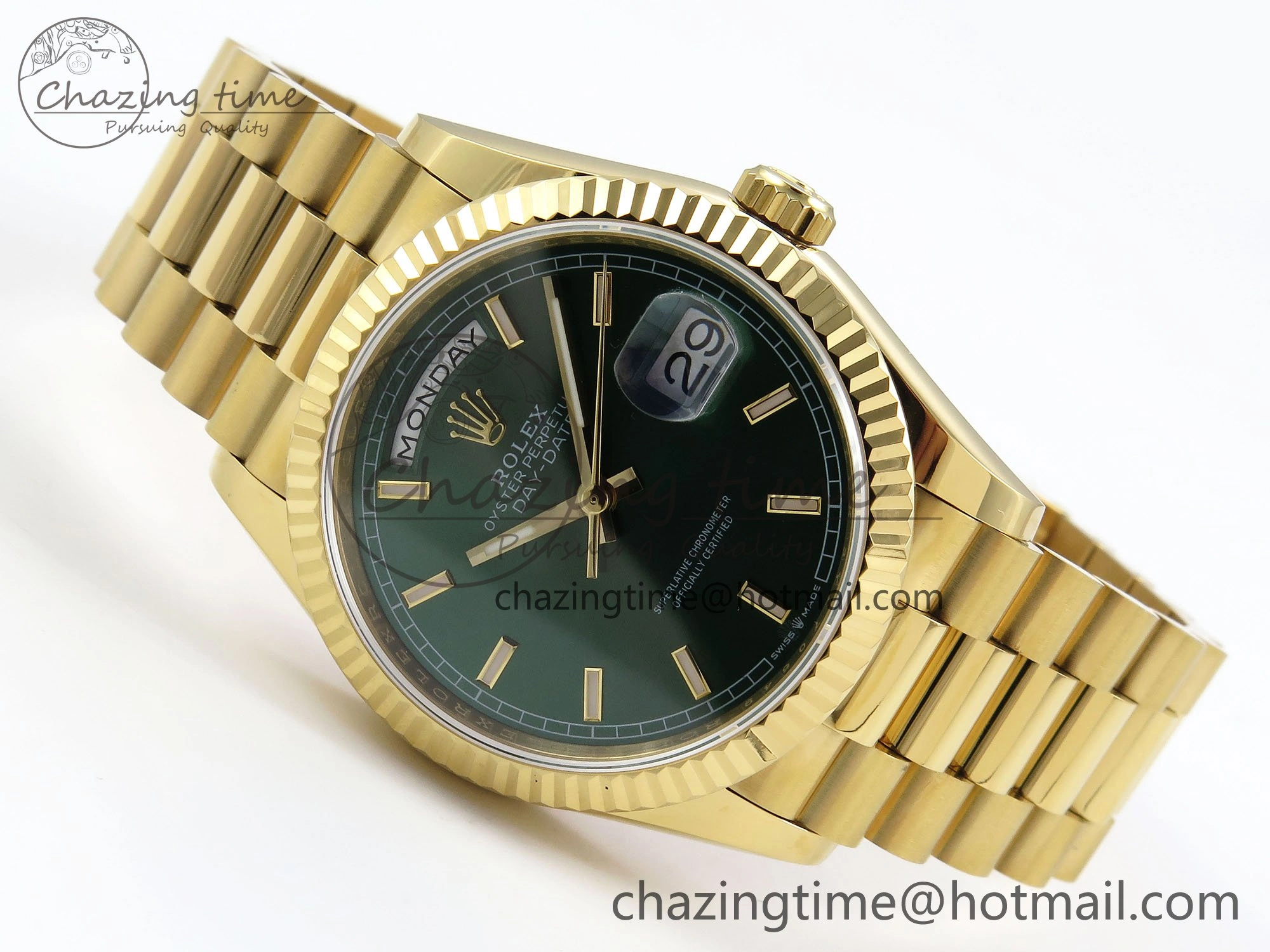 Day Date 36 YG TWSF Best Edition Green Dial on YG Bracelet A2836