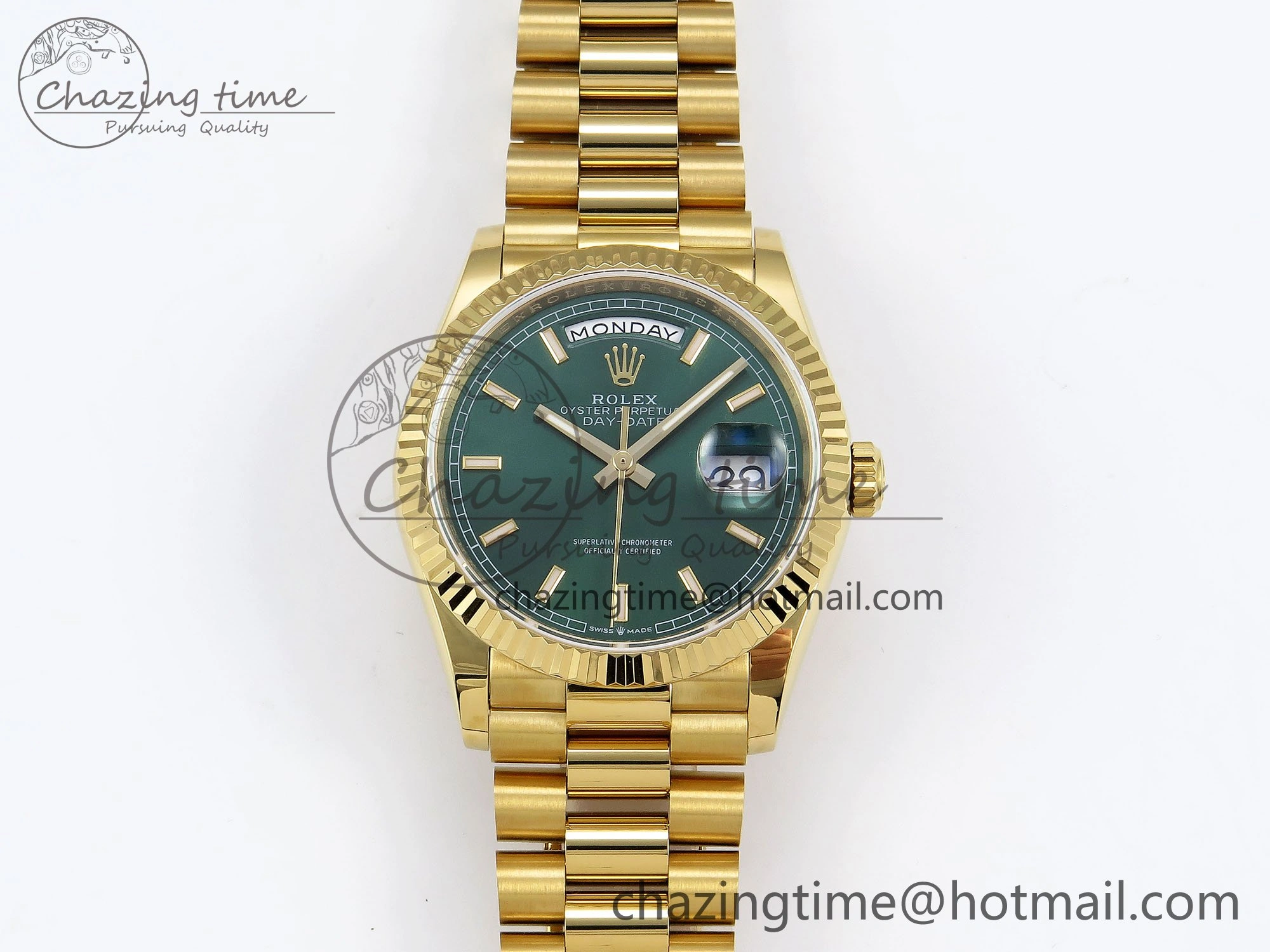 Day Date 36 YG TWSF Best Edition Green Dial on YG Bracelet A2836