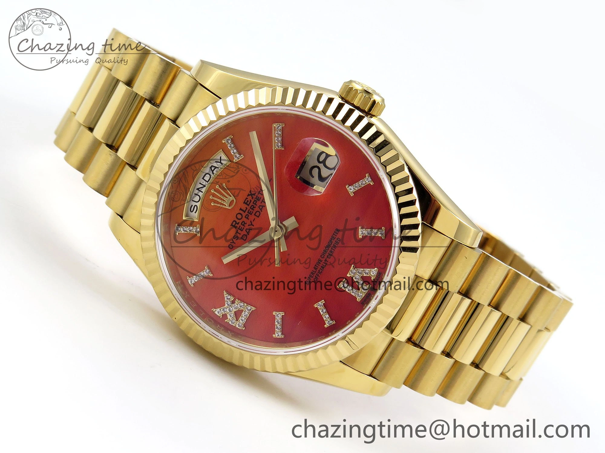 Day Date 36 YG TWSF Best Edition Orange Red Roman Diamonds Dial on YG Bracelet A2836