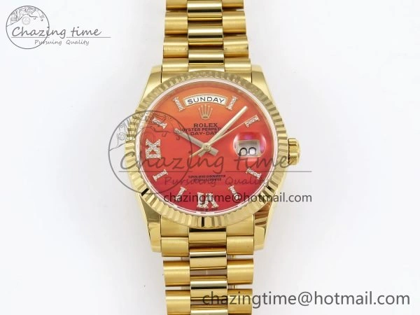 Day Date 36 YG TWSF Best Edition Orange Red Roman Diamonds Dial on YG Bracelet A2836