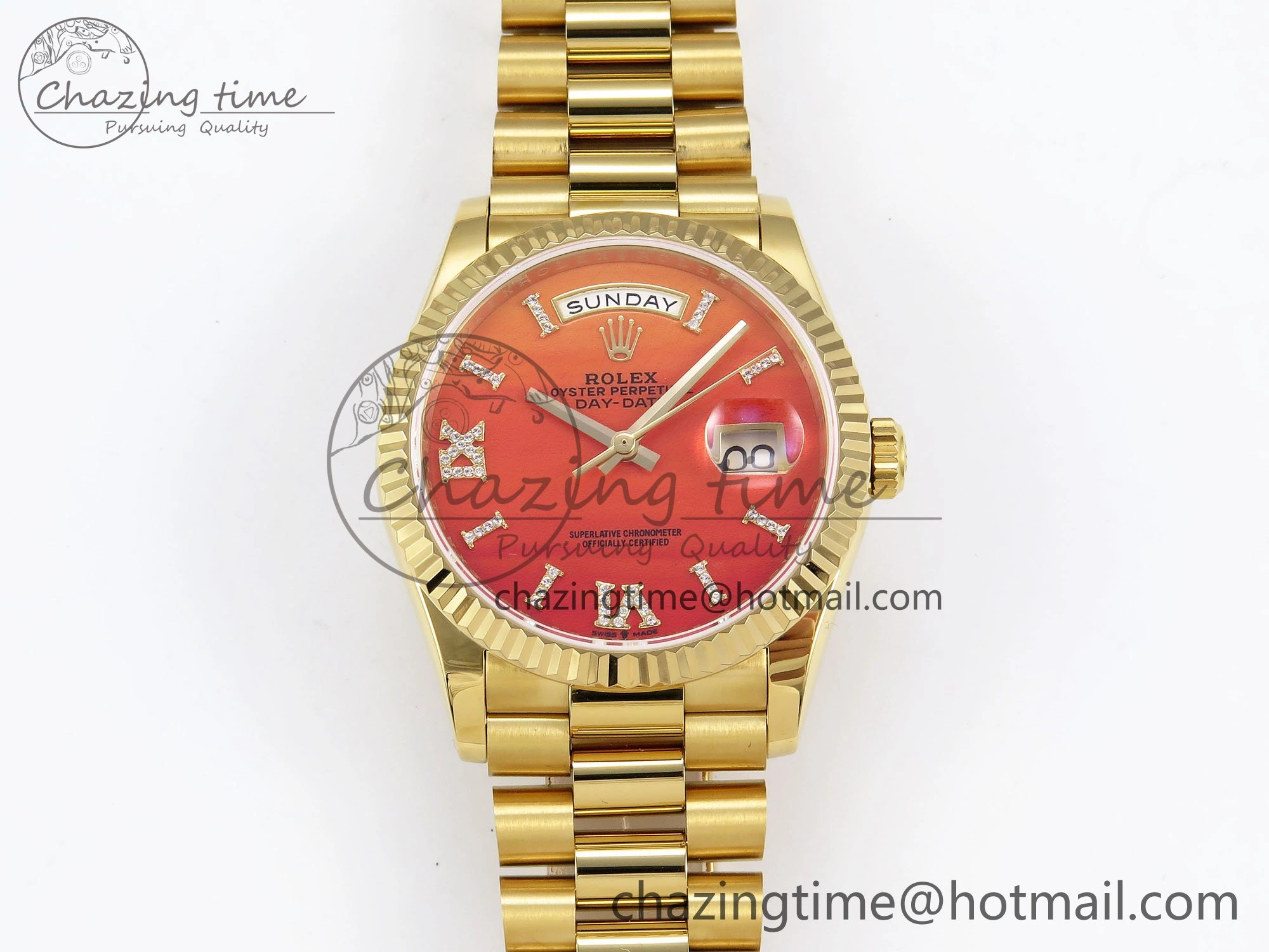 Day Date 36 YG TWSF Best Edition Orange Red Roman Diamonds Dial on YG Bracelet A2836