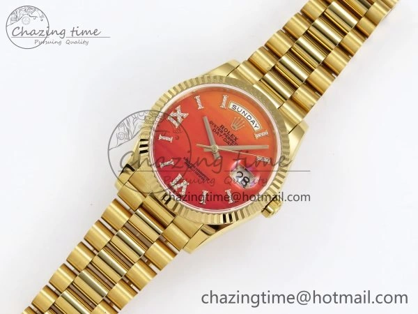 Day Date 36 YG TWSF Best Edition Orange Red Roman Diamonds Dial on YG Bracelet A2836