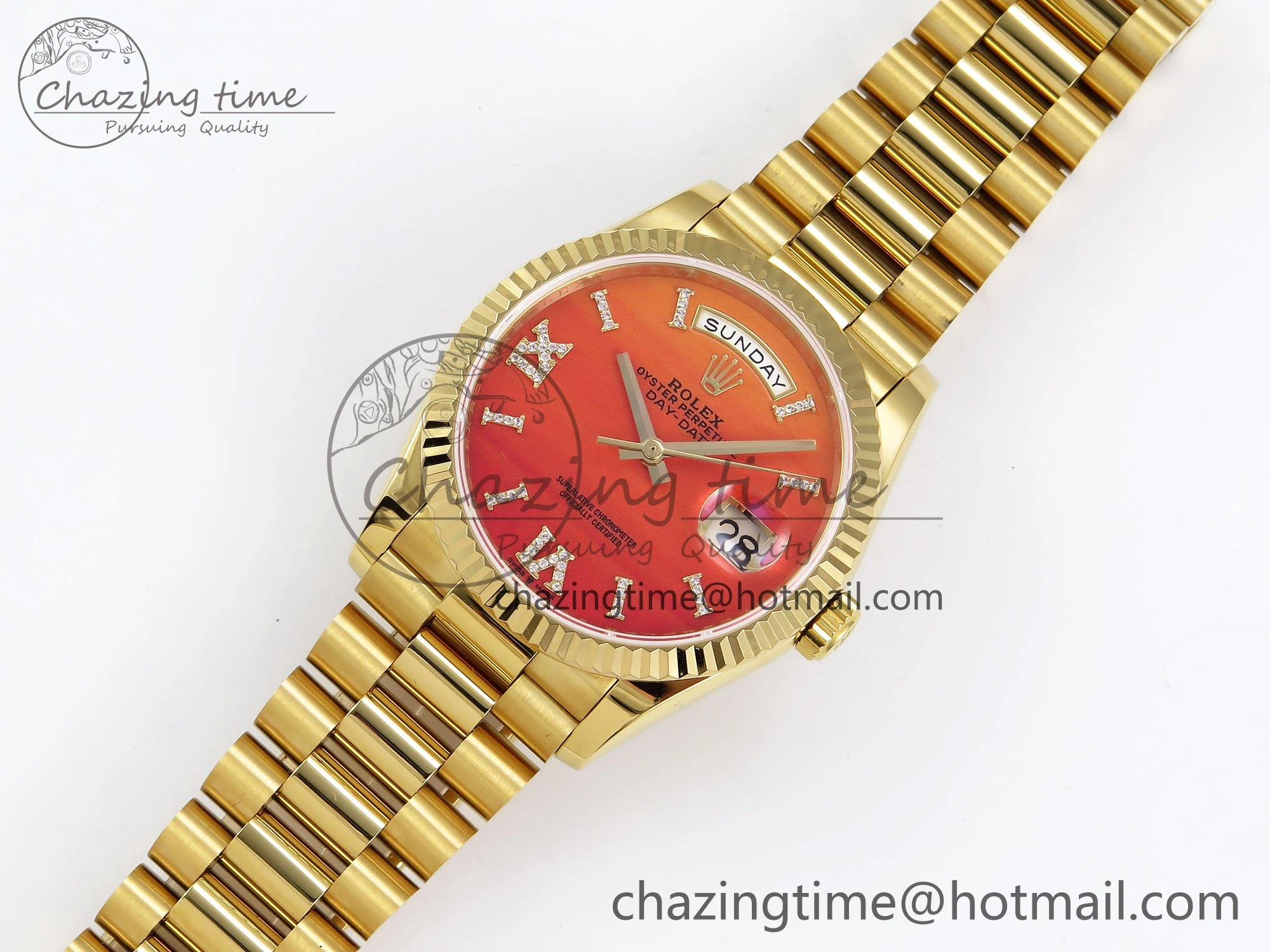 Day Date 36 YG TWSF Best Edition Orange Red Roman Diamonds Dial on YG Bracelet A2836