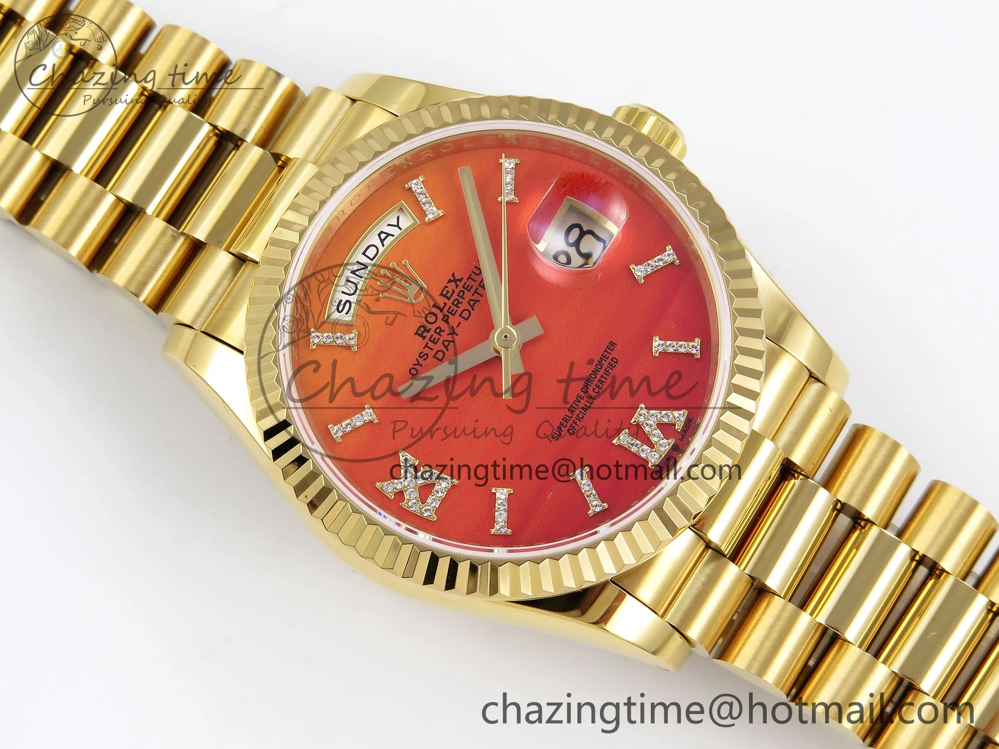 Day Date 36 YG TWSF Best Edition Orange Red Roman Diamonds Dial on YG Bracelet A2836