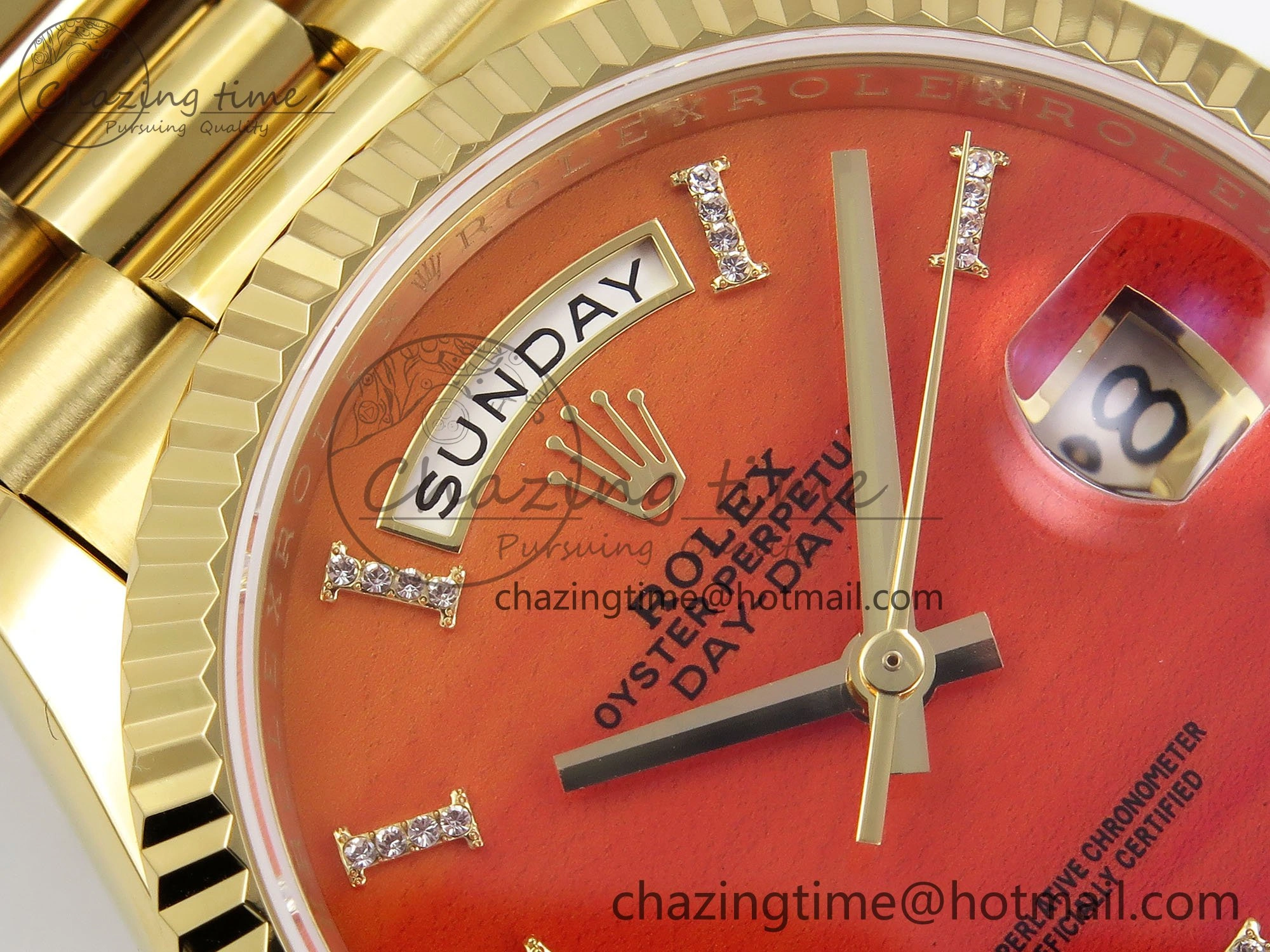 Day Date 36 YG TWSF Best Edition Orange Red Roman Diamonds Dial on YG Bracelet A2836