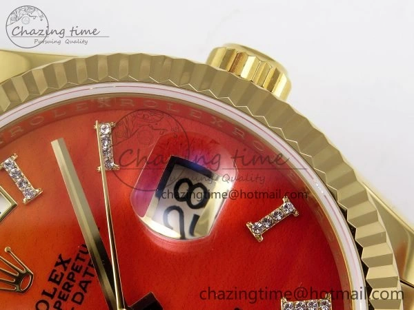 Day Date 36 YG TWSF Best Edition Orange Red Roman Diamonds Dial on YG Bracelet A2836