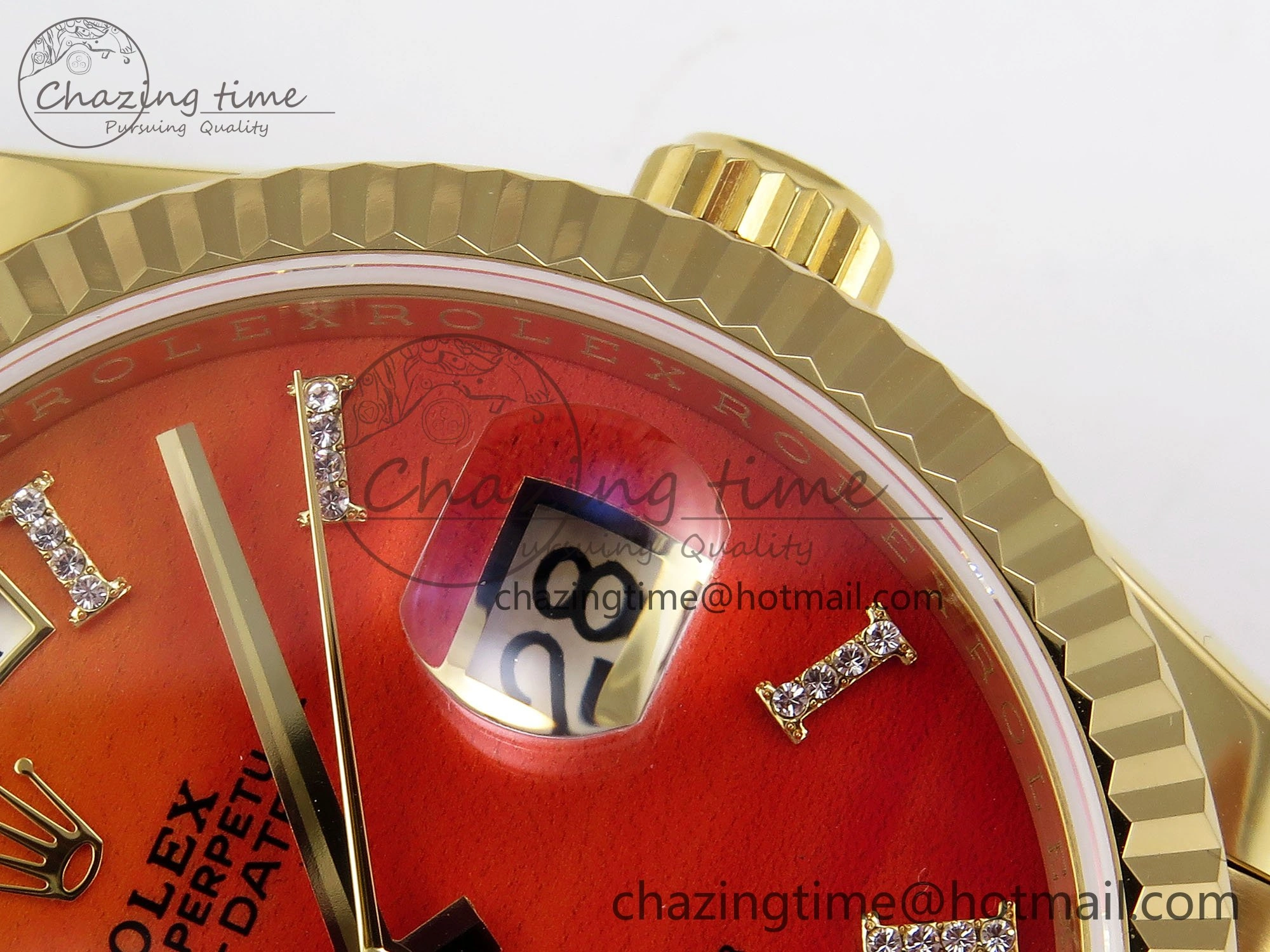 Day Date 36 YG TWSF Best Edition Orange Red Roman Diamonds Dial on YG Bracelet A2836