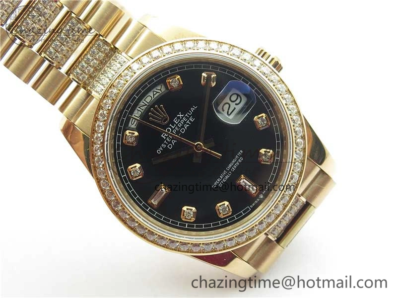 Day-Date 36mm 128235 RG Crystal BP Best Edition Black Crystal Marker Dial on RG President Bracelet A2836