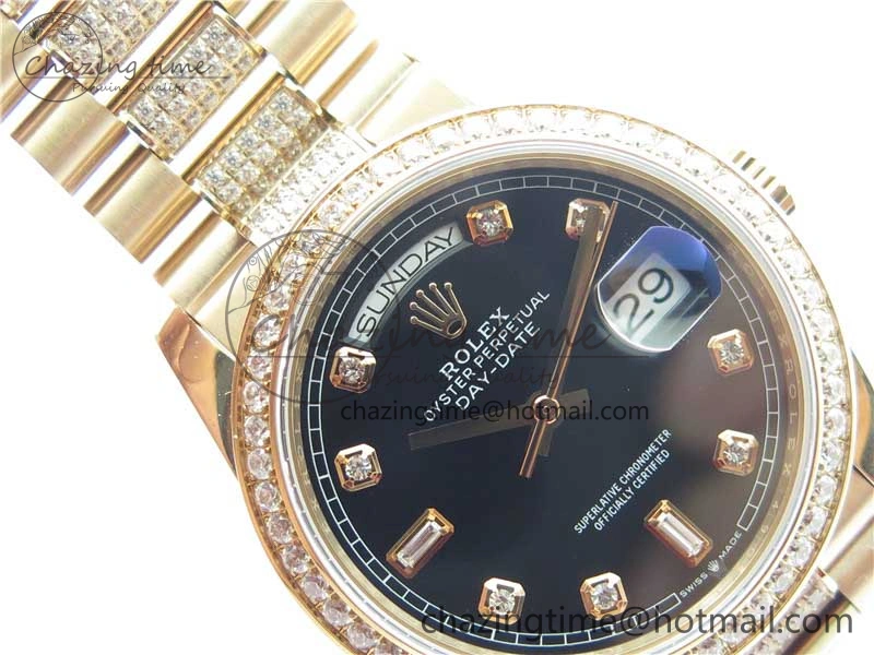 Day-Date 36mm 128235 RG Crystal BP Best Edition Black Crystal Marker Dial on RG President Bracelet A2836