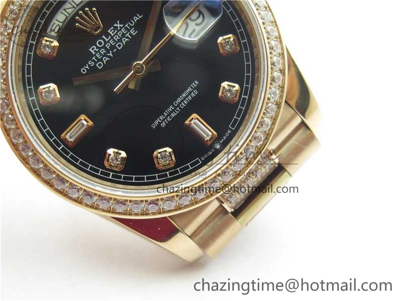 Day-Date 36mm 128235 RG Crystal BP Best Edition Black Crystal Marker Dial on RG President Bracelet A2836