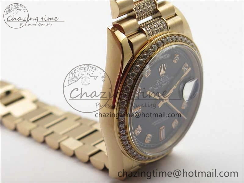 Day-Date 36mm 128235 RG Crystal BP Best Edition Black Crystal Marker Dial on RG President Bracelet A2836