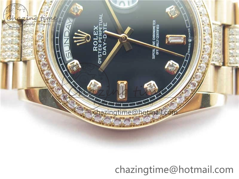 Day-Date 36mm 128235 RG Crystal BP Best Edition Black Crystal Marker Dial on RG President Bracelet A2836